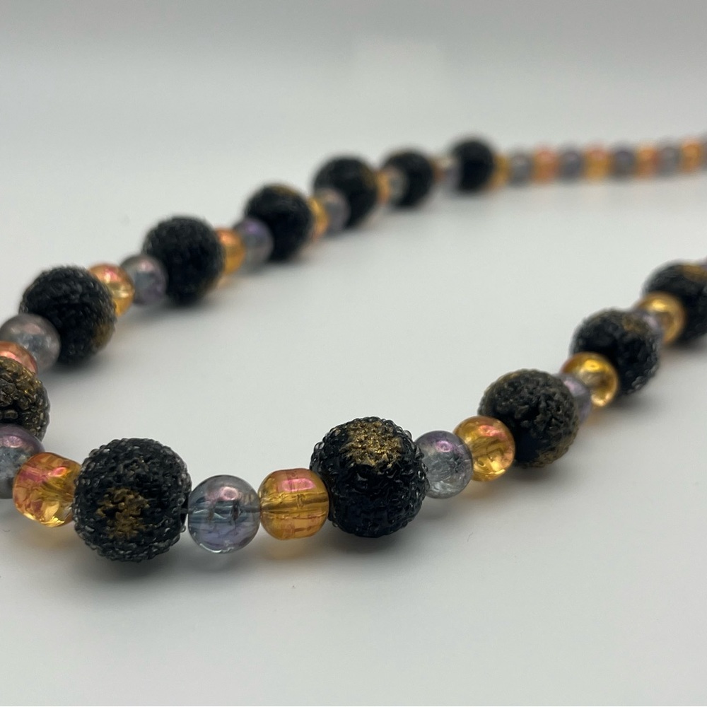 Handmade Beaded Necklace with Ambers, Blacks, And Grey Hues